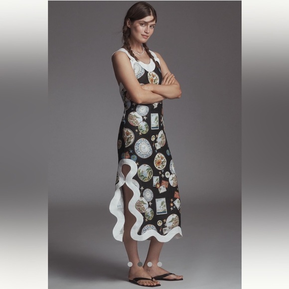 Farm Rio NWT Anthropologie Linen Sleeveless Scallop-Trim Slim Midi Dress size XS - Picture 7 of 16